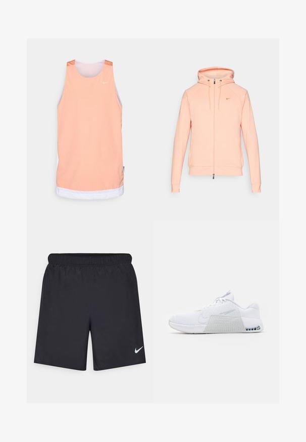 Lys rosa Nike zip-up hettegenser med hette, lange ermer og elastiske mansjetter. Har et brodert logo på brystet og en glatt tekstur.; Ermeløs ferskenfarget mesh tank topp med hvite detaljer, med rund hals og Nike-logo på øvre venstre side.; Svart sportskjørt laget av lett materiale med elastisk linning. Har en liten hvit Nike-logo nederst til venstre.; Hvite joggesko med mesh-overdel, støttende hæl, teksturert grå aksent på siden, og synlig luftputer i sålen.