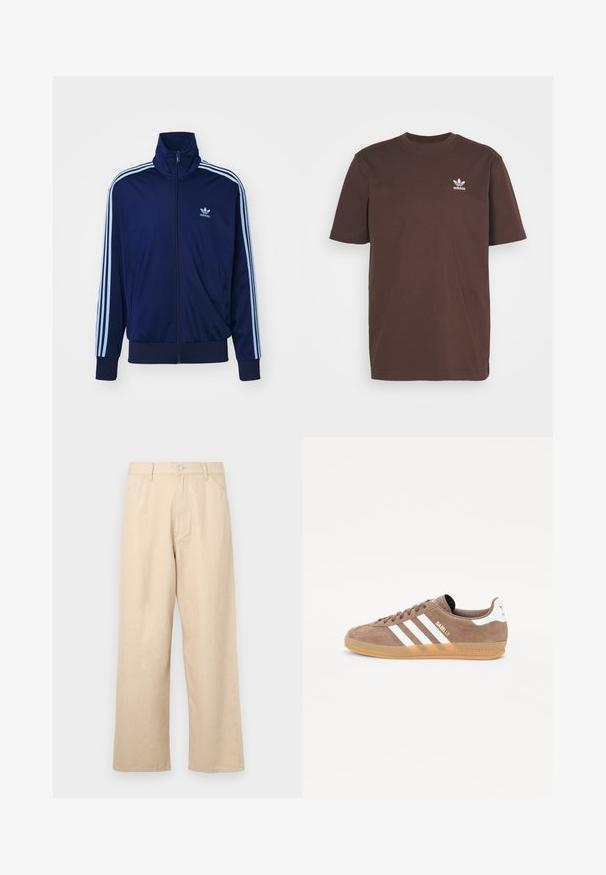 Marineblaue Zip-Jacke aus glattem Stoff, mit drei hellblauen Streifen an den Ärmeln und einem kleinen Logo auf der Brust.; adidas Originals TREFOIL ESSENTIALS - T-Shirt print - shadow brown; Beige weit geschnittene Jeans aus Denim mit strukturierter Oberfläche, die über einen vorderen Knopfverschluss und ein klassisches Fünf-Taschen-Design verfügen.; Braune Wildledersneaker mit drei weißen Streifen, goldenem "Gazelle"-Logo und Gummi-Sohle. Verfügt über eine gepolsterte Zunge und Ferse für zusätzlichen Komfort.