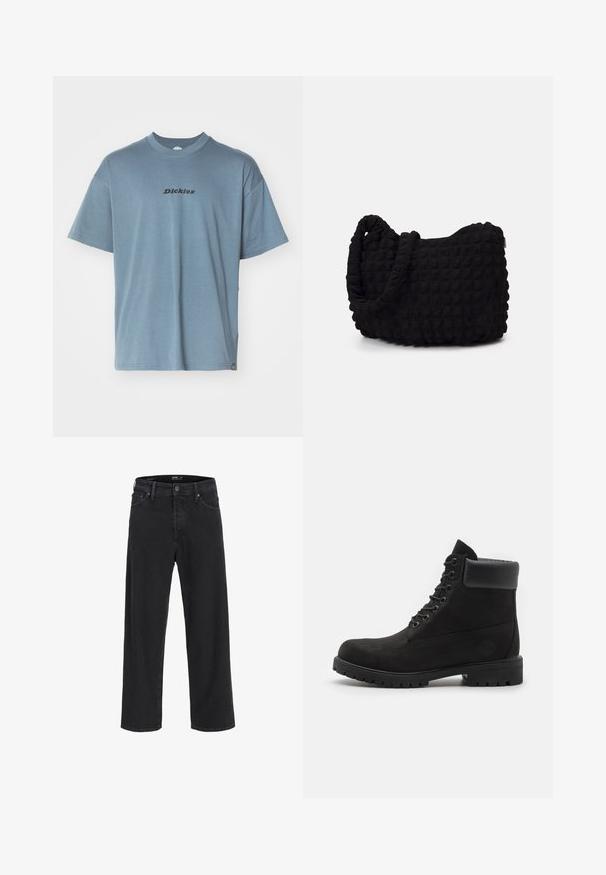 Námorně modrá zipová sportovní bunda z hladkého materiálu, kterou zdobí tři světle modré pruhy na rukávech a malé logo na hrudi.; Svetle modré bavlněné tričko s krátkými rukávy, kulatým výstřihem a černým logem "Dickies" potištěným na přední straně. Měkká textura a uvolněný střih.; Černé džíny rovného střihu z denimu s knoflíkovým a zipovým zapínáním, poutky na opasek a předními i zadními kapsami.; Černé kotníkové boty na šněrování s polstrovaným límcem a robustní podrážkou, zobrazené v profilu na bílém pozadí.; Černá látková taška s texturovaným, prošívaným vzorem. Zaoblený tvar, krátké, silné uchy a měkká, flexibilní struktura.