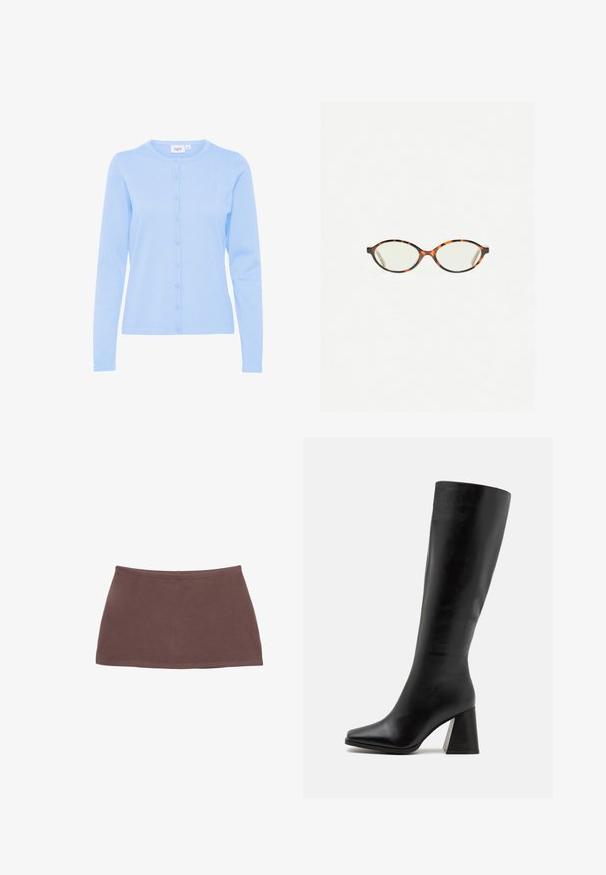 Cardigan à manches longues bleu clair en tricot doux, avec un col rond et une patte de boutonnage à l'avant avec des boutons assortis.; Débardeur sans manches de couleur jaune clair, en tissu côtelé. Il présente un col rond et une coupe droite, sans motifs ni embellissements visibles.; Mini-jupe en coton marron avec une coupe droite, texture lisse et taille élastique. Présente un design simple sans motifs ni accessoires.; Cuissardes noires en cuir lisse, avec un bout carré et un talon épais et texturé. Design simple et épuré.; Lunettes en écaille de tortue avec des verres ovales et une finition lisse et élégante. Présente des branches fines avec une courbure subtile au niveau des tempes. Verres transparents.; Pieces PCALUANA SHOULDER BAG - Sac à main - black