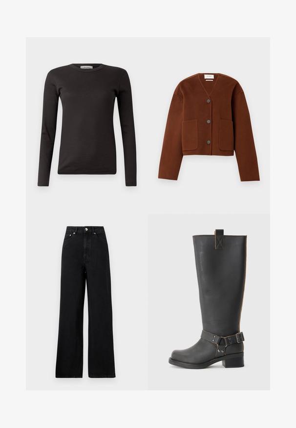 Barna gyapjú cropped dzseki V-nyakú, három elülső gombbal és két nagy rakott zsebbel.; Fekete, hosszú ujjú, bordázott póló kerek nyakkivágással és testhez simuló szabással. Puha pamut anyagból készült, amely tökéletes rétegezéshez.; Magas derekú fekete farmernadrág, széles lábú dizájnnal, öt zsebével és ezüst színű fém részletekkel. Általánosságban sima tapintású.; Fekete bőr, térd fölé érő csizma texturált felülettel, oldalán csat díszítéssel és alacsony sarokkal. Részletes varrások a varrások mentén.