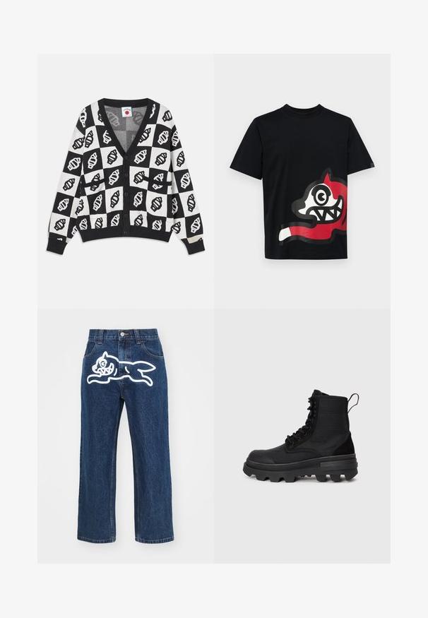 Mustvalge kardigan, millel on ruuduline muster ja kestade graafika. V-kaelusega disain, pikad varrukad ja nööpkinnitus.; Icecream JUMBO RUNNING DOG - Trükipildiga T-särk - black; Tumedad sinised laiad püksid, millel on tagataskus suur valge koomiksikoer. Deprivation struktuur, traditsiooniline viie taskuga disain.; Mustad musta värvi ankle boots tekstuuriga pealmise kangaga, kummist tallaga ja silmapaistvate lugidega. Omadusteks on tugevdatud silmad ja tõmbeese.