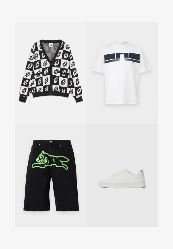 Cardigã preto e branco com padrão de tabuleiro de xadrez e gráficos de conchas. Design com decote em V, mangas compridas e fecho de botões.; T-shirt de algodão branca com um design geométrico azul-marinho na parte frontal, mangas curtas e gola redonda. O texto diz 'J.Lindeberg' e '96'.; Icecream RUNNING DOG - Calções de ganga - black denim; Sapatilha de couro branco com acabamento suave, bico redondo, atacadores planos e uma sola texturizada. Apresenta um logotipo discreto no calcanhar.