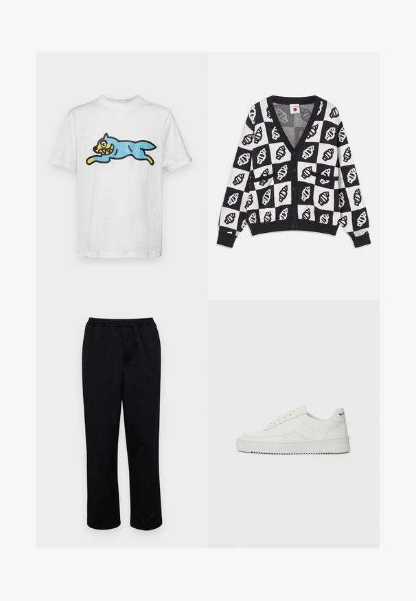 Svart-hvitt cardigan med rutemønster og skjellgrafikk. V-halsdesign, ermelengde, og knappelukking.; Hvit bomull t-skjorte med en blå, tegneserieaktig katt med et gult ansikt og skarpe tenner, plassert i en hoppende posisjon.; Svart bukse med midtlange ben og elastisk midje. Laget av glatt stoff, med en avslappet passform og uten synlige lommer eller dekorasjoner.; Hvite lærersneakers med en jevn overflate, rund tå, flate lisser og en teksturert såle. Har en subtil logo på hælen.
