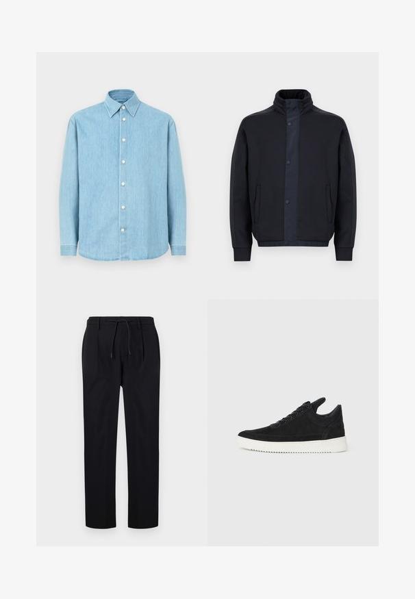 Chaqueta azul oscura hecha de un tejido suave, con un cuello alto, botones a presión, bolsillos laterales y puños y dobladillo elásticos.; Camisa de mezclilla de manga larga en azul claro, con cuello puntiagudo y botones blancos, exhibida sobre un fondo liso.; Pantalones negros de tela suave, con cintura ajustable mediante cordón, piernas rectas y pliegues en la parte frontal para un look estructurado.; Zapatilla de ante negra con suela de goma blanca, que presenta costuras en el mismo tono y un diseño de cordones. Textura suave con una forma moderna y aerodinámica.