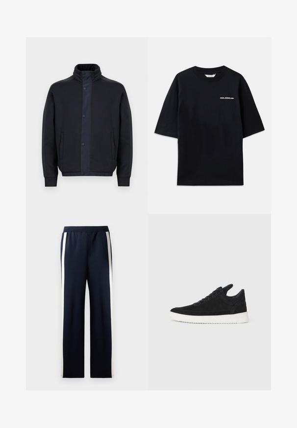 Dunkelblaue Jacke aus weichem Stoff, mit hohem Kragen, Druckknöpfen, seitlichen Taschen und elastischen Bündchen sowie Saum.; Schwarzes Baumwoll-T-Shirt mit kurzen Ärmeln, Rundhalsausschnitt und einem kleinen weißen "HOLZWEILER"-Logo auf der Vorderseite, mit einer lockeren Passform.; Navy Sweatpants mit weitem Bein Design, ausgestattet mit vertikalen cremefarbenen Streifen an den Seiten. Hergestellt aus weichem, strukturiertem Stoff mit einem elastischen Bund.; Schwarze Wildleder-Sneaker mit einer weißen Gummisohle, die sich durch elegante Nähte und ein schnürbares Design auszeichnen. Glatte Textur mit einer modernen, stromlinienförmigen Form.