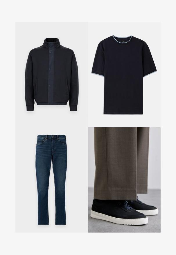 Σκούρο μπλε σακάκι από μαλακό ύφασμα, με ψηλό γιακά, κουμπιά με κούμπωμα, πλαϊνές τσέπες και ελαστικές μανσέτες και στρίφωμα.; Σκούρο μπλε κοντομάνικο μπλουζάκι με στρογγυλή λαιμόκοψη, που διαθέτει ανοιχτό μπλε λεπτομέρεια στον γιακά και τα μανίκια. Φτιαγμένο από μαλακό βαμβακερό ύφασμα.; Σκούρες μπλε τζιν παντελόνες με ίσια γραμμή, πέντε τσέπες, θηλάκια ζώνης και διακριτές λεπτομέρειες αποχρώσεων. Ραμμένα ραφές και κλείσιμο με κουμπί.; Μαύρα σουέντ αθλητικά παπούτσια με λευκές καουτσούκ σόλες, με στρογγυλή μύτη και κορδόνια, φορεμένα με γκρι προσαρμοσμένα παντελόνια.