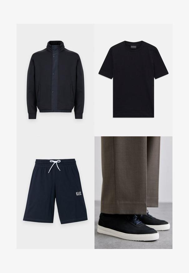 Tamsiai mėlynas švarkas, pagamintas iš minkštos medžiagos, su aukšta apykakle, snap mygtukais, šoninėmis kišenėmis bei elastiniais rankogaliais ir apačia.; Juoda trumpomis rankovėmis apvaliu kaklu marškinėliai su subtiliu iškilniu ornamentu ir prekės ženklo etikete apykaklėje, padėti ant baltos fono.; Kariniai mėlyni šortai, pagaminti iš minkštos medžiagos, su elastinga juosmens juosta ir balta raišteliu. Yra mažas baltas logotipas kairėje apatinėje pusėje.; Juodi zomšiniai sportbačiai su baltais guminiais padais, su apvalia nosimi ir raišteliais, dėvimi su pilkais pritaikytais kelnais.