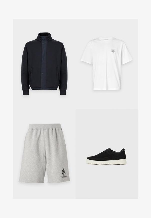 Donkerblauwe jas van zacht stof, met een hoge kraag, drukknoopsluiting, zijzakken en elastische manchetten en zoom.; Witte t-shirt van katoen met korte mouwen, een ronde hals, en een klein grijs logo op de linker borstzijde. Soepele textuur.; Grijze katoen shorts met een elastische tailleband, voorzien van een zwart logo met de tekst "No Problemo" aan de onderlinke kant en onafgewerkte randen.; Zwarte suède sneakers met vetersluiting en contrasterende witte rubberen zool. Voorzien van textuurpanelen aan de zijkanten en subtiele branding op de hiel.