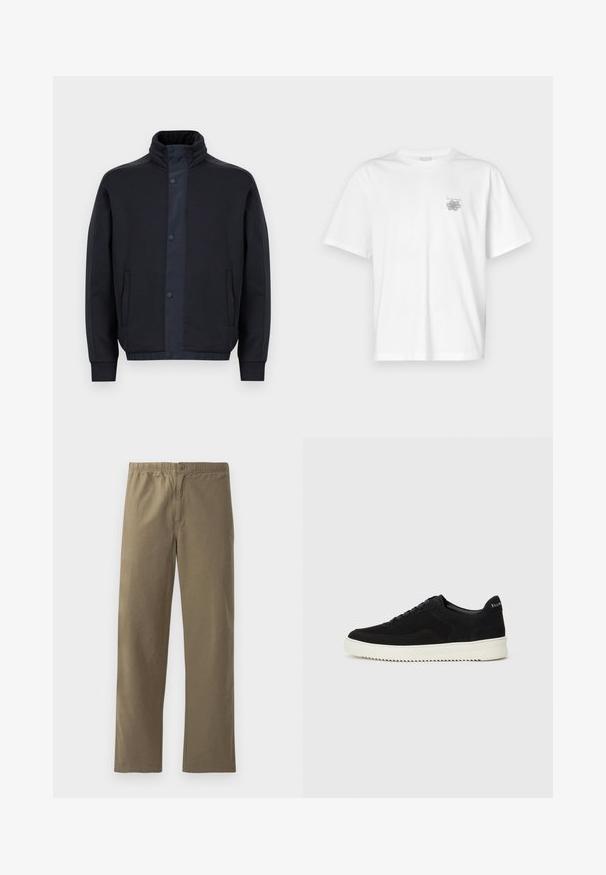 Tummansininen takki, joka on valmistettu pehmeästä kankaasta. Takissa on korkea kaulus, napitus, sivutaskut sekä joustavat hihansuut ja helma.; Valkoinen puuvillapaita, jossa on lyhyet hihat, pyöreä kaula-aukko ja pieni harmaa logo vasemmassa rintataskussa. Täydellinen sileä rakenne.; Khaki-housut, jotka on valmistettu kevyestä kankaasta. Sisältää joustavan vyötärön, napin sulkemisen, suorat lahkeet ja sileän pinnan.; Mustat mokkakengät nauhoilla ja kontrastivalkoisella kumipohjalla. Varustettu teksturoiduilla sivupaneeleilla ja huomaamattomalla brändäyksellä kantapäässä.