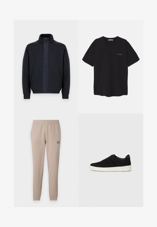 Dark blue jacket made of soft fabric, featuring a high collar, snap buttons, side pockets, and elasticated cuffs and hem.; Black cotton T-shirt with a crew neck, short sleeves, and a white logo print on the left chest. Simple, solid color design.; Beige tapered joggers with an elastic waistband, cuffed ankles, and a small black EA7 logo on the left side. Soft fabric texture.; Black suede sneaker with lace-up design and contrasting white rubber sole. Features textured side panels and subtle branding on the heel.