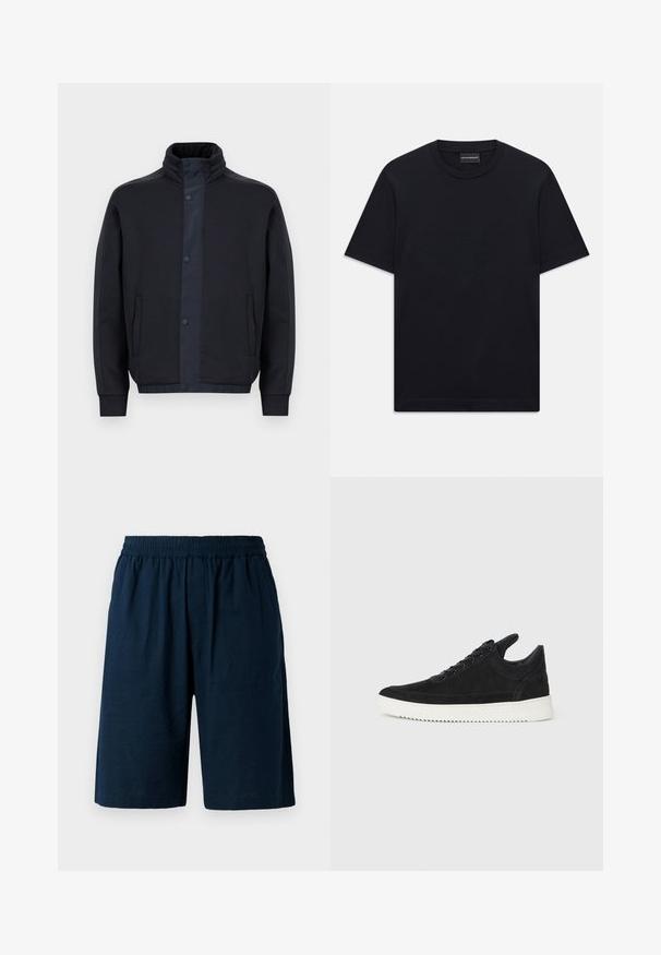 Temno modra jakna iz mehkega materiala, z visokim ovratnikom, zatikalnimi gumbi, stranskimi žepi ter elastičnimi manšetami in robom.; Črna kratka majica s kratkimi rokavi z okroglim izrezom, z diskretno embosirano logotipno zasnovo, ki je osredotočena na prsih, ter oznako blagovne znamke znotraj ovratnika.; Mornarsko modri šortni hlače iz lahkega materiala, z elastičnim pasom in sproščenim krojem, z dvema stranskima žepoma.; Črne semiš športne copate z belo gumijasto podplatom, ki imajo toneče šive in vezalni dizajn. Gladka tekstura z modernim, poenoteno oblikovano silhueto.