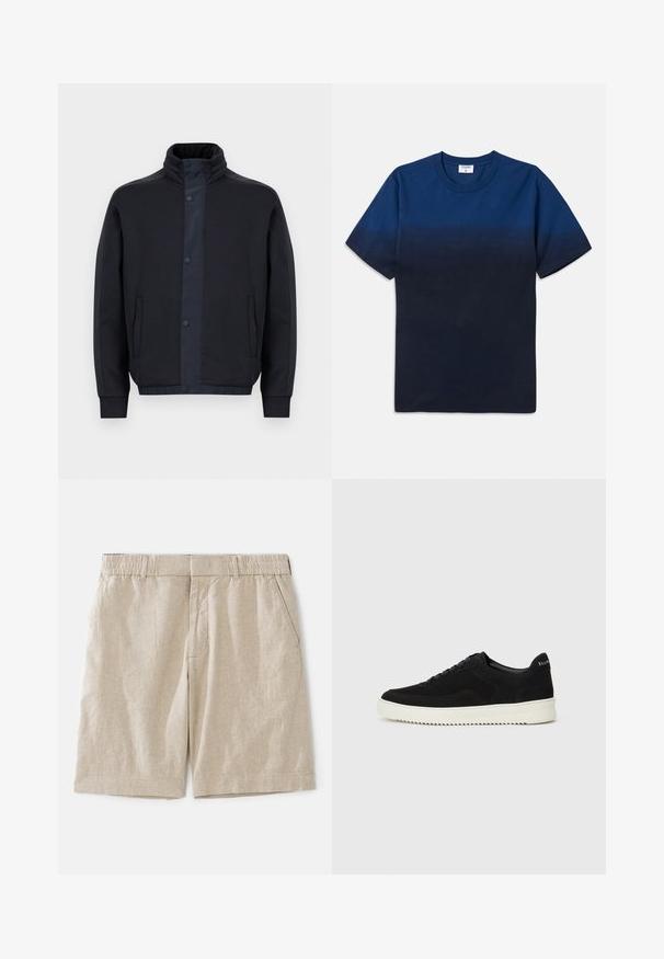 Donkerblauwe jas van zacht stof, met een hoge kraag, drukknoopsluiting, zijzakken en elastische manchetten en zoom.; Navyblauwe katoenen T-shirt met een ronde hals, korte mouwen en een subtiel gradientontwerp dat overgaat van lichtere naar donkere tinten.; Beige linnen shorts met een losse pasvorm, voorzien van een elastische tailleband en zijzakken. Glad textuur met een subtiel geweven patroon.; Zwarte suède sneakers met vetersluiting en contrasterende witte rubberen zool. Voorzien van textuurpanelen aan de zijkanten en subtiele branding op de hiel.