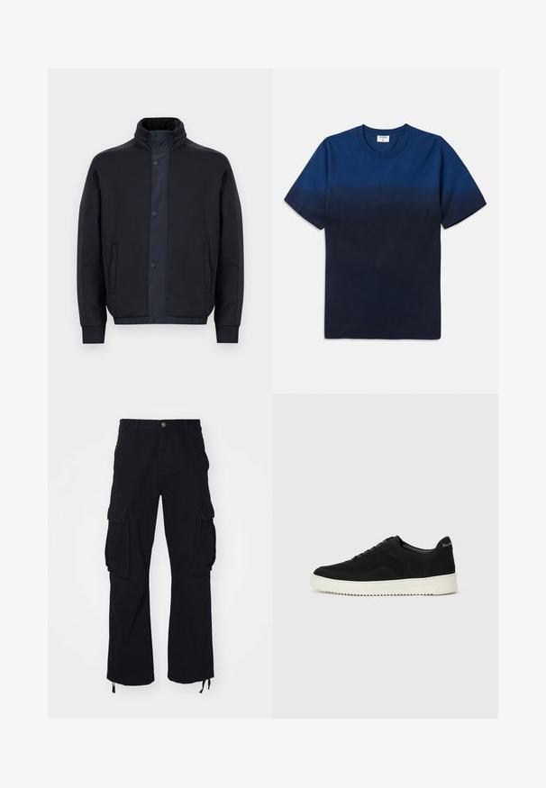 Dark blue jacket made of soft fabric, featuring a high collar, snap buttons, side pockets, and elasticated cuffs and hem.; Navy blue cotton t-shirt with a round neck, short sleeves, and a subtle gradient design transitioning from lighter to darker shades.; Black cargo pants made of cotton, featuring two large side pockets, drawstring hems, and a straight-leg design.; Black suede sneaker with lace-up design and contrasting white rubber sole. Features textured side panels and subtle branding on the heel.