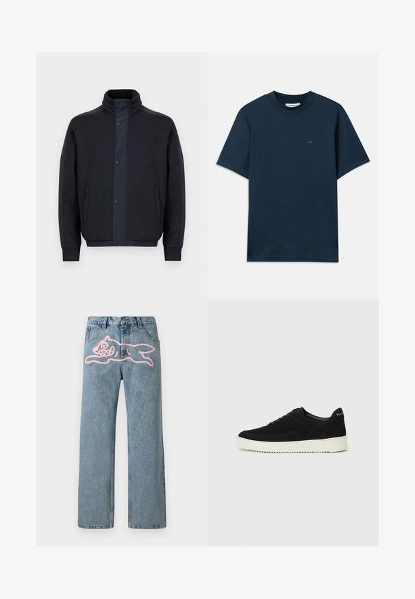 Casaco azul escuro feito de um tecido macio, com um colarinho alto, botões de pressão, bolsos laterais e punhos e bainha elásticos.; T-shirt de algodão azul-marinho com gola redonda, mangas curtas e um logótipo discreto estampado no peito. Textura suave e corte clássico.; Jeans de denim azul claro com pernas retas, apresentando um grande gráfico de um gato de desenho animado rosa na coxa esquerda. Design clássico de cinco bolsos.; Sapatilhas de camurça pretas com design de atacadores e sola de borracha branca em contraste. Apresenta painéis laterais texturizados e uma marcação discreta no calcanhar.