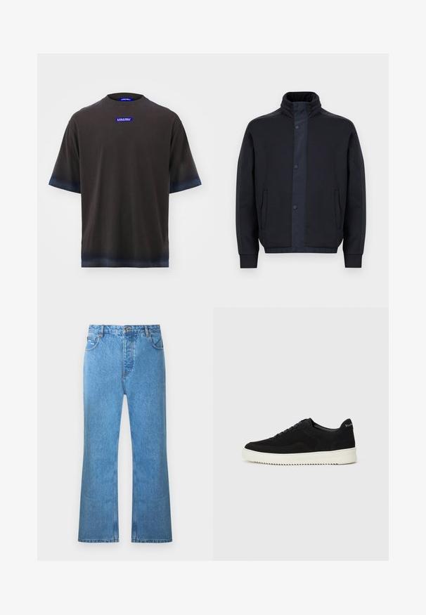 Sötétkék dzseki, puha anyagból készült, magas gallérral, nyomógombos záródással, oldalsó zsebekkel, valamint gumírozott mandzsettákkal és aljjal.; A-COLD-WALL* VERGE - Nyomott mintás póló - brown; Világoskék, magas derekú, szárában bővülő farmernadrág öt zsebbel és finom kopott hatással. Varrásos díszítésekkel és gombos rögzítéssel rendelkezik.; Fekete velúr sportcipő fűzős dizájnnal és kontrasztos fehér gumitalppal. Jellemzői a textúrázott oldalpanelek és a diszkrét logó a sarokon.