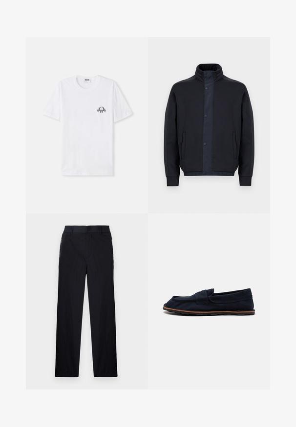 Mørkeblå jakke laget av myk stoff, med høy krage, trykknapper, sidelommer og elastiske mansjetter og kant.; Hvit bomull t-skjorte med et lite svart krabbe grafikk og dekorative elementer på brystet. Korte ermer og rund hals.; Sorte bukser med lett og teksturert stoff, rett ben-design, elastisk midjebånd og sidelommer med glidelås.; Marineblå kanvasbåtssko med flat såle, en sydd stropp over vristen og brune gummidetaljer på sålen for godt grep.