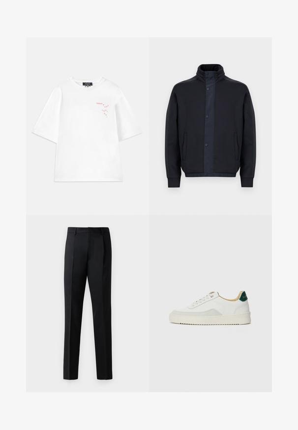 Casaco azul escuro feito de um tecido macio, com um colarinho alto, botões de pressão, bolsos laterais e punhos e bainha elásticos.; Dsquared2 LOOSE FIT TEE - T-shirt estampada - white; Calças formais pretas feitas de um tecido liso, com um corte reto, pregas frontais e cintura padrão sem adornos.; Tênis brancos com detalhes em camurça, bico arredondado, atacadores planos e sola de borracha creme. Apresenta uma marcação verde no calcanhar.