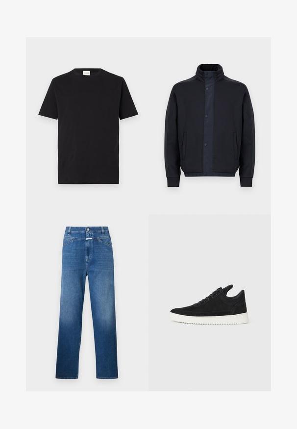 Tumši zilas krāsas jaka, kas izgatavota no mīksta auduma, ar augstu apkakli, spiedpogām, sānu kabatām un elastīgām piedurknēm un apakšmalu.; Melna kokvilnas t-krekls ar apaļu kakla izgriezumu un īsām piedurknēm. Iezīmē taisna piegriezuma un minimālistisku dizainu, ar uzliktu etiķeti pie apkakles.; Zilā džinsu bikses ar taisnu kāju kroku, ar pogu aizdari, jostas cilpām un vieglu izbalēšanu uz augšstilbiem.; Melna zamša apavi ar baltu gumijas zoli, ar tonālu izšuvumu un auklu dizainu. Gluda tekstūra ar mūsdienīgu, plūstošu formu.