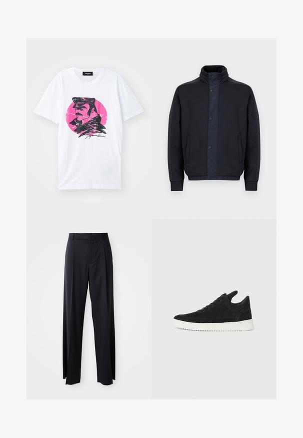 Tumesinine jakk, mis on valmistatud pehmest kangast, kõrge kraega, nööbiga kinnitusega, küljetaskutega ning elastsest materjalist mansettide ja alumise äärega.; Valge puuvillane T-särk, millel on must graafiline joonistus mehest, kes kannab mütsi roosa ringikujulise tausta ees, millel on kulunud efekt.; Mustad, kõrge vöökohtaga püksid laia säärte lõikega, valmistatud siledast kangast. Omab ees plekke ja vöörihmade jaoks silmuseid. Minimalistlik disain, nähtavat riistvara pole.; Must mustel kingad valge kummist tallaga, millel on toon-toonis õmblused ja paeltega disain. Sile tekstuur ja moodne, voolujooneline kuju.