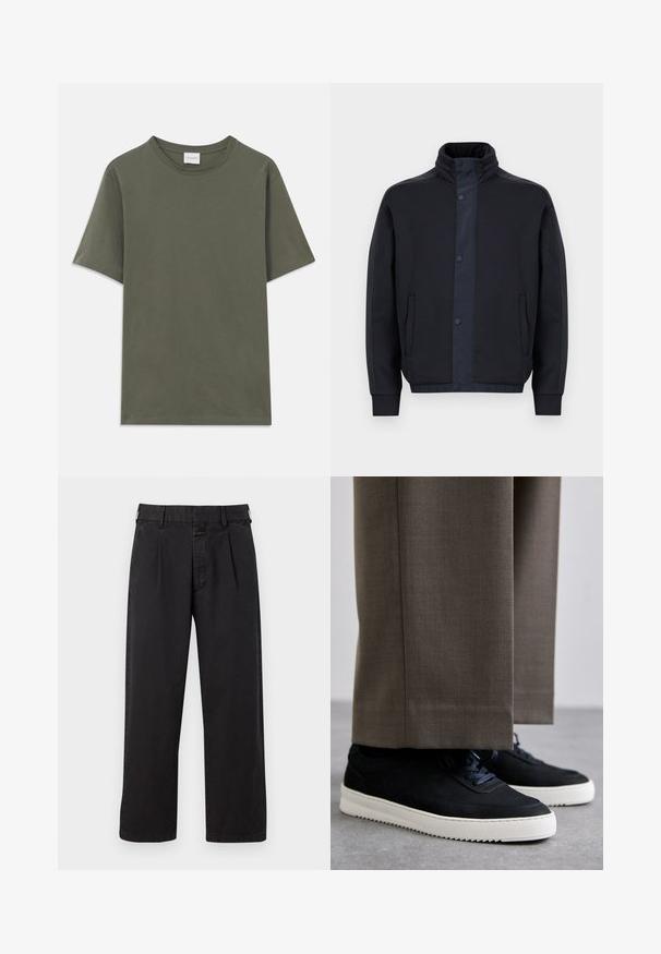 Tamsiai mėlynas švarkas, pagamintas iš minkštos medžiagos, su aukšta apykakle, snap mygtukais, šoninėmis kišenėmis bei elastiniais rankogaliais ir apačia.; Tamsiai alyvuogių žalios spalvos trumpomis rankovėmis marškinėliai su apvalia iškirpte, ant nugaros kaklo yra mažas baltas prekės ženklo etiketas.; Juodos medvilninės kelnės su tiesiu kirpimu, su raukšlėtu priekiu, diržo kilputėmis ir mygtuko uždarymu. Lygus paviršius be raštų.; Juodi zomšiniai sportbačiai su baltais guminiais padais, su apvalia nosimi ir raišteliais, dėvimi su pilkais pritaikytais kelnais.