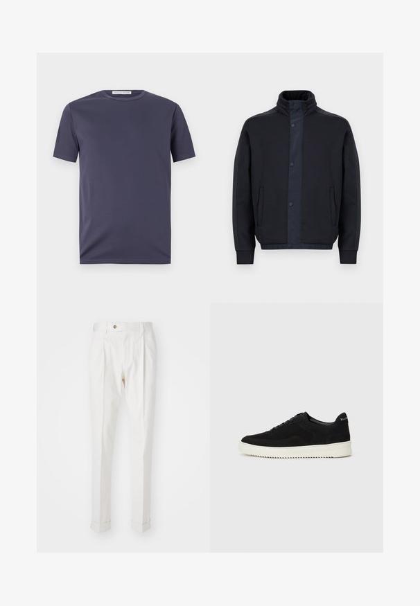 Casaco azul escuro feito de um tecido macio, com um colarinho alto, botões de pressão, bolsos laterais e punhos e bainha elásticos.; T-shirt azul marinho de mangas curtas, feito de um tecido suave. Apresenta um decote redondo e detalhes de costura subtil. Design minimalista sem padrões.; Calças brancas, ajustadas, com frente lisa, duas pregas e bainhas viradas. Feitas de um tecido suave com fecho de botão na cintura.; Sapatilhas de camurça pretas com design de atacadores e sola de borracha branca em contraste. Apresenta painéis laterais texturizados e uma marcação discreta no calcanhar.