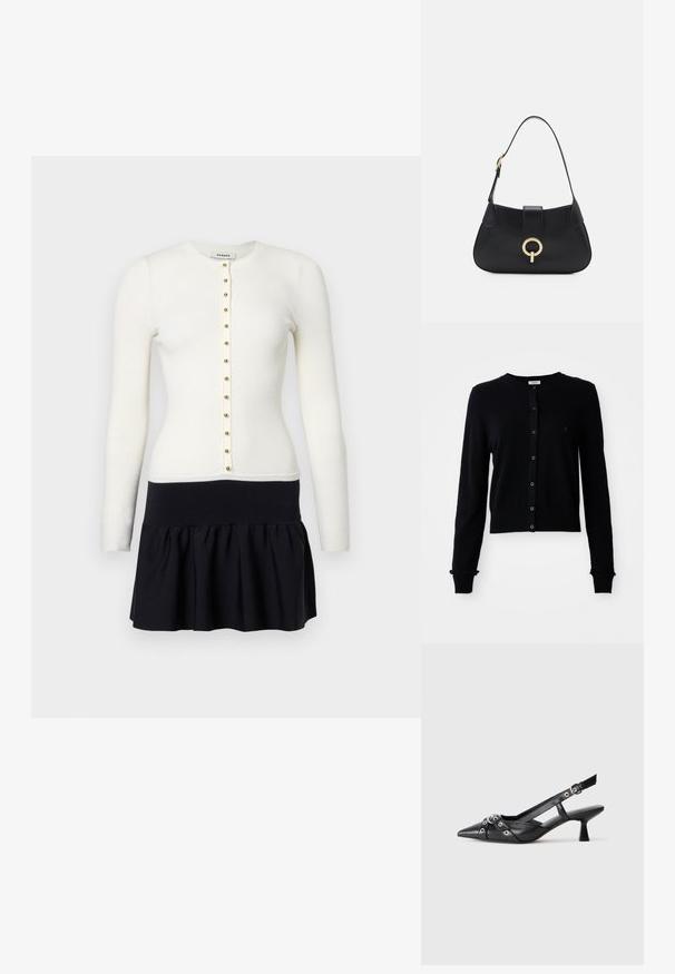 Czarny dzianinowy kardigan z długimi rękawami, okrągłym dekoltem, guzikami z przodu, prążkowanymi mankietami i nieco skróconym dołem. Miękka tekstura, minimalne wykończenie.; Żebrowany biały kardigan z długimi rękawami i złotymi guzikami, połączony z czarną rozkloszowaną spódnicą z dopasowanym pasem.; Czarne skórzane buty typu slingback z ostrym noskiem, ozdobnymi paskami z metalowymi oczkami oraz niskim klinowym obcasem. Teksturowana powierzchnia.; Czarna skórzana torebka o zaokrąglonym kształcie, z krótkim paskiem, centralnym złotym wykończeniem i gładką fakturą. Brak widocznych wzorów czy akcentów.