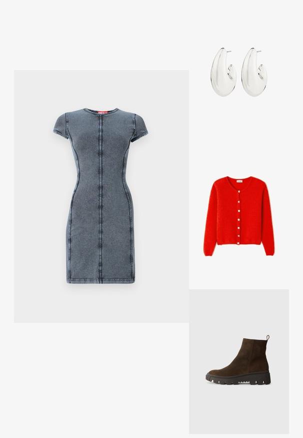 Rdeča pletena jopica iz mehkega materiala, z okroglim ovratnikom, dolgimi rokavi in belimi gumbi spredaj.; Denim obleka v temno sivi barvi s kratkimi rokavi, okroglo ovratnikom in osrednjim šivnim detajlom. Gladka tekstura, prilegajoč silhueta, do kolen.; Rjavi zamšasti gležnjarji z debelim črnim gumijastim podplatom, ki imajo rahlo peto in zanka na hrbtni strani za lažno obuvanje.; Srebrnasti uhani z podolgovatim, ukrivljenim dizajnom. Gladka, odbojnika površina s preluknjano zatičem.