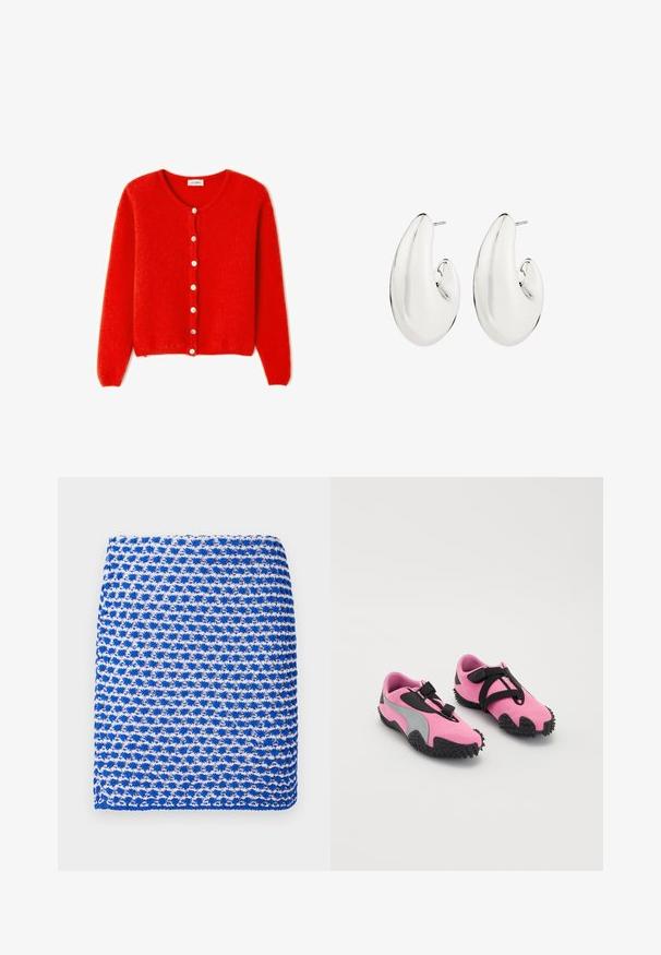 Rote, gestrickte Strickjacke aus weichem Material, mit rundem Ausschnitt, langen Ärmeln und weißen Knöpfen vorne.; Zwei figurbetonte Tanktops in Schwarz und Weiß. Aus geripptem Baumwollmaterial hergestellt, verfügen sie über breite Träger und runde Ausschnitte. Branding am Kragen.; Blauer und weiß gemusterter gestrickter Schal, mit einer strukturierten Webart und rechteckiger Form, aus leichtem Stoff gefertigt.; Rosa Sportschuhe mit einem strukturierten Obermaterial, grauen Akzenten und einer Gummisohle mit Stollen für bessere Traktion. Schwarze Riemen sorgen für einen sicheren Sitz.; Silberfarbene Ohrringe mit einem länglichen, geschwungenen Design. Glatte, reflektierende Oberfläche mit einem durchstochenen Post-Rückteil.
