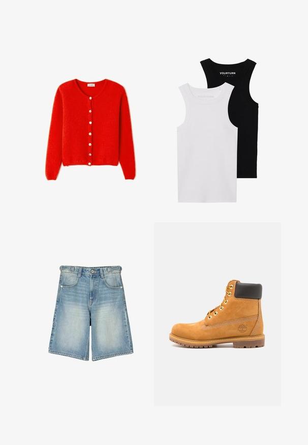 Rdeča pletena jopica iz mehkega materiala, z okroglim ovratnikom, dolgimi rokavi in belimi gumbi spredaj.; Dva prilegača topa v črni in beli barvi. Narejena iz rebrastega bombaža, imata široke naramnice in zaobljene izreze. Oznaka na ovratniku.; Denim kratke hlače v svetlo modri barvi, s klasičnim pet-žepnim dizajnom ter zadrgo in gumbom za zapiranje. Z ostrimi robovi in obrabljenim videzom.; Rjavi usnjeni gležnarji s črnim oblazinjenjem, zlatimi očesci in teksturiranim podplatom. Imajo okroglo logo na strani in šivane detajle.