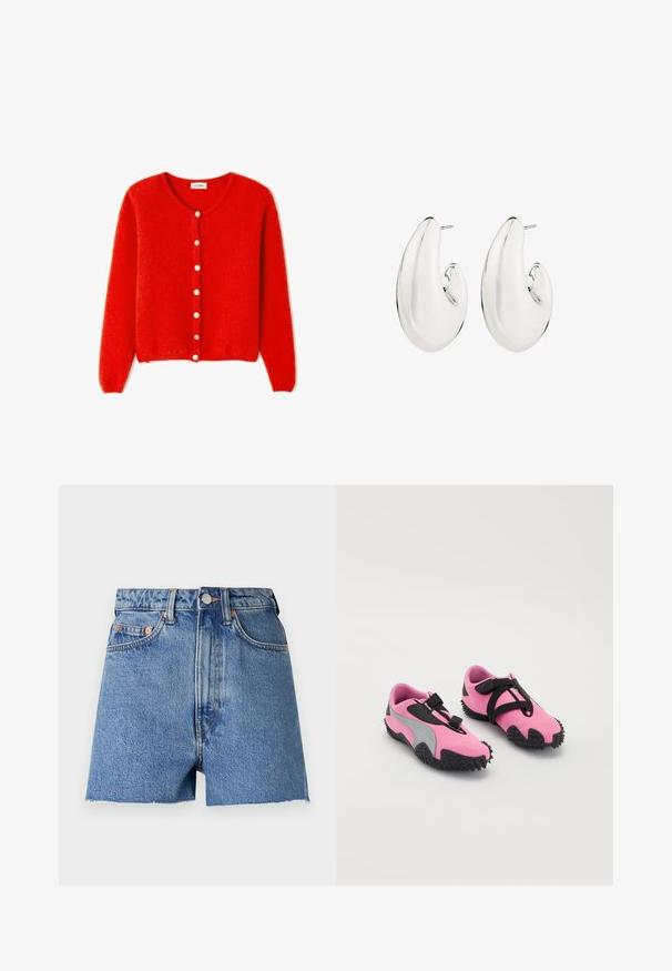 Raudona megzta kardiganas, pagamintas iš minkštos medžiagos, su apvalia iškirpte, ilgomis rankovėmis ir baltomis sagomis priekyje.; Du šonuotos liemenėlės juodos ir baltos spalvos. Pagamintos iš matinio medvilnės, jos turi plačias petnešas ir apvalius iškirpimus. Logotipas ant apykaklės.; Šviesiai mėlyni džinsiniai šortai su aukštu liemeniu, nuskustais kraštais ir variniais akcentais. Yra dvi priekinės kišenės ir klasikinis penkių kišenių dizainas.; Rožiniai sportiniai bateliai su tekstūruotu audiniu, pilkomis detalėmis ir guma padidinta padu, kuris turi smaigalius geresnei traukai. Juodi dirželiai užtikrina tinkamą prigludimą.; Sidabrinės spalvos auskarai su ilgaamžiu, kreiviu dizainu. Lygus, atspindintis paviršius su pradurimu ir tvirtinimu.