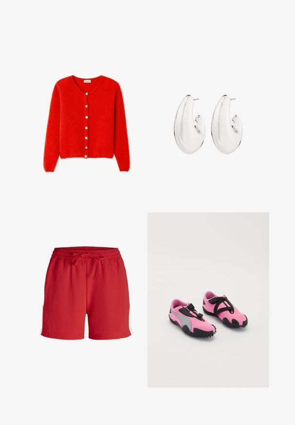 Rdeča pletena jopica iz mehkega materiala, z okroglim ovratnikom, dolgimi rokavi in belimi gumbi spredaj.; Dva prilegača topa v črni in beli barvi. Narejena iz rebrastega bombaža, imata široke naramnice in zaobljene izreze. Oznaka na ovratniku.; Rdeče športne kratke hlače iz lahkega materiala, z elastičnem pasom z zategovanjem in belimi stranskimi poudarki.; Roza atletska obuća z zgibanim tekstilnim zgornjim delom, s sivo obrobo in gumijastim podplatom, ki ima bodice za oprijem. Črni trakovi zagotavljajo pritrditev.; Srebrnasti uhani z podolgovatim, ukrivljenim dizajnom. Gladka, odbojnika površina s preluknjano zatičem.