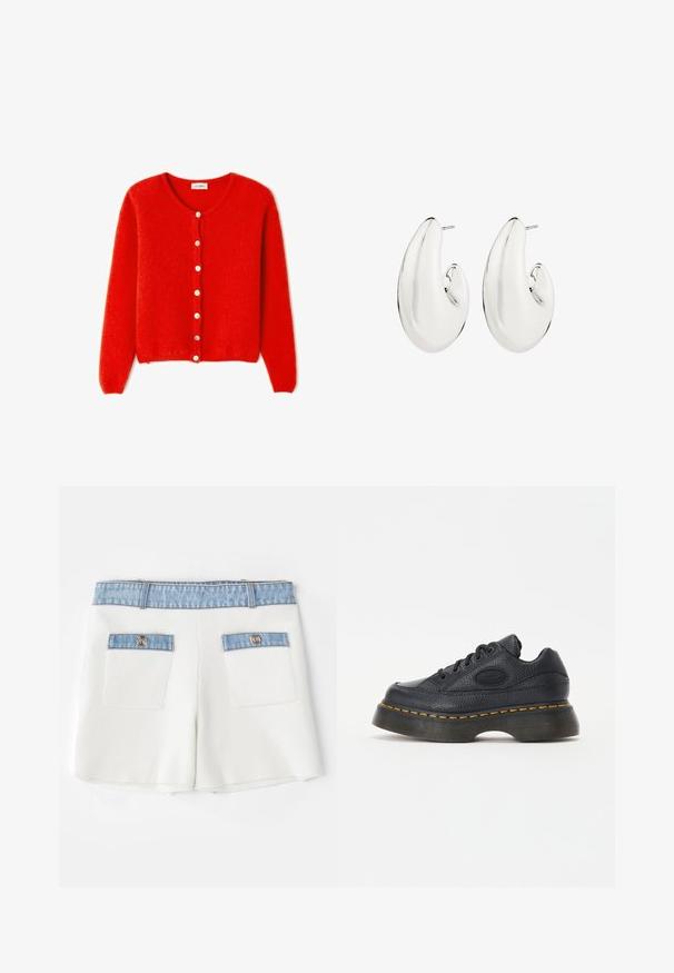 Rote, gestrickte Strickjacke aus weichem Material, mit rundem Ausschnitt, langen Ärmeln und weißen Knöpfen vorne.; Zwei figurbetonte Tanktops in Schwarz und Weiß. Aus geripptem Baumwollmaterial hergestellt, verfügen sie über breite Träger und runde Ausschnitte. Branding am Kragen.; Maje IRSALA - Shorts - ecru; Schwarze Ledersneaker mit strukturiertem Finish, rundem Zeh und dicker Plattformsohle. Mit gelben Akzentnähten und gebrandetem Seitenlogo.; Silberfarbene Ohrringe mit einem länglichen, geschwungenen Design. Glatte, reflektierende Oberfläche mit einem durchstochenen Post-Rückteil.