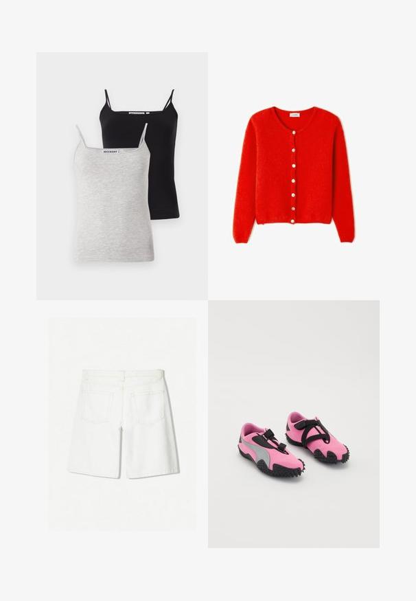 Rote, gestrickte Strickjacke aus weichem Material, mit rundem Ausschnitt, langen Ärmeln und weißen Knöpfen vorne.; Zwei Camisoles: eine schwarze und eine hellgraue, aus weichem Baumwollmaterial. Jede hat dünne Träger und einen runden Halsausschnitt, mit einem schlichten Design.; Weiße Denim-Shorts mit einem geraden Schnitt, hoher Taille, zwei Gesäßtaschen und dezenten Steppnähten.; Rosa Sportschuhe mit einem strukturierten Obermaterial, grauen Akzenten und einer Gummisohle mit Stollen für bessere Traktion. Schwarze Riemen sorgen für einen sicheren Sitz.