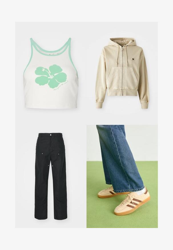 Vaaleanvihreä vetoketjuhuppari pehmeää puuvillaa, jossa on edessä kangaroo-tasku, naruilla säädettävä huppu sekä ribbireunukset hihansuissa ja helmassa. Rintataskussa Carhartt-logo.; Valkoinen crop top, jossa on mintunvihreä reunus ja suuri mintunvihreä hibiskuskukka -grafiikka edessä, sekä käsin kirjoitettu teksti yksityiskohtana alapuolella.; Mustat housut suoralla lahjesuunnittelulla, valmistettu tekstuuritetusta kankaasta. Sisältää koristeellista hopeista metalliosaa ja ainutlaatuista sauman yksityiskohtaa.; Beige lenkkarit, joissa on tekstuuriset kerma-paneelit ja ruskeat raidat, yhdistettynä sinisiin farkkuihin. Farkut ovat leveät ja niissä on repaleinen helma.