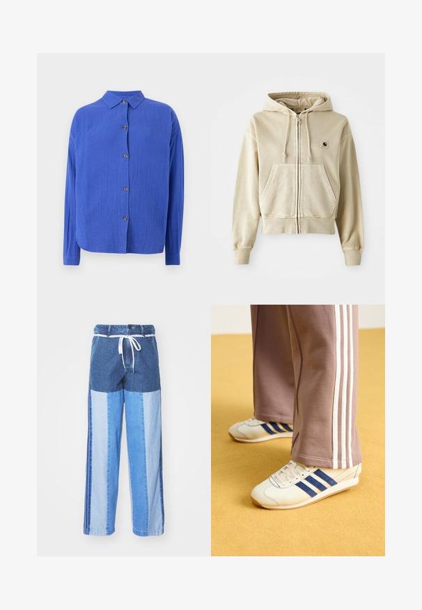 Khaki zip-up hoodie lavet af blødt bomuld med en front kangaroo lomme, justerbar hætte og ribbede manchetter og kant. Carhartt logo på brystet.; Blå skjorte med knapper af tekstureret stof, med krave, lange ærmer og fem brune knapper foran. Runde kanten forneden.; Blå denimbukser med et patchwork-design i forskellige nuancer af blå, snor i taljen og løse, lige ben.; Creme sneakers med blå ruskindstriber, hvide snørebånd og gummisål. Parret med grå sweatpants med hvide sidestiber.
