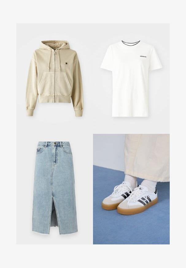 Vaaleanvihreä vetoketjuhuppari pehmeää puuvillaa, jossa on edessä kangaroo-tasku, naruilla säädettävä huppu sekä ribbireunukset hihansuissa ja helmassa. Rintataskussa Carhartt-logo.; Valkoinen puuvillainen t-paita lyhyillä hihoilla ja pyöreällä kaula-aukolla. Rinnassa musta Adidas-logo ja erottuva musta sisäkaulus.; Vaaleansininen denimhame, jossa on etuhalkio, revitty helma, viisi taskua ja nappikiinnitys vyötäröllä. Klassinen suora leikkaus.; Valkoiset tennis kengät, joissa on mustia raitoja ja vaaleanruskeita mokka-yksityiskohtia. Varustettuna textuurilla varustetulla kumipohjalla ja tasaisilla valkoisilla kengännauhoilla, käytetään vaaleiden sukkien kanssa.