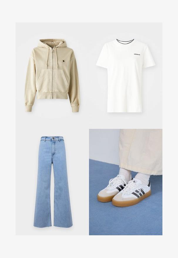 Khaki rits-hoodie van zacht katoen met een voorzak in kangoeroestijl, een capuchon met trekkoord en ribgebreide manchetten en onderrand. Carhartt-logo op de borst.; Witte katoenen t-shirt met korte mouwen en een ronde halslijn. Heeft een zwart Adidas-logo op de borst en een contrasterende zwarte binnenkraag.; Lichtblauwe wijde jeans met een hoge taille, franjes aan de onderkant en een knoopsluiting aan de voorkant. Gemaakt van denim, met een gladde textuur en strakke lijnen.; Witte sneakers met zwarte strepen en beige suède accenten. Voorzien van een gestructureerde gumzool en platte witte veters, gedragen met lichtgekleurde sokken.