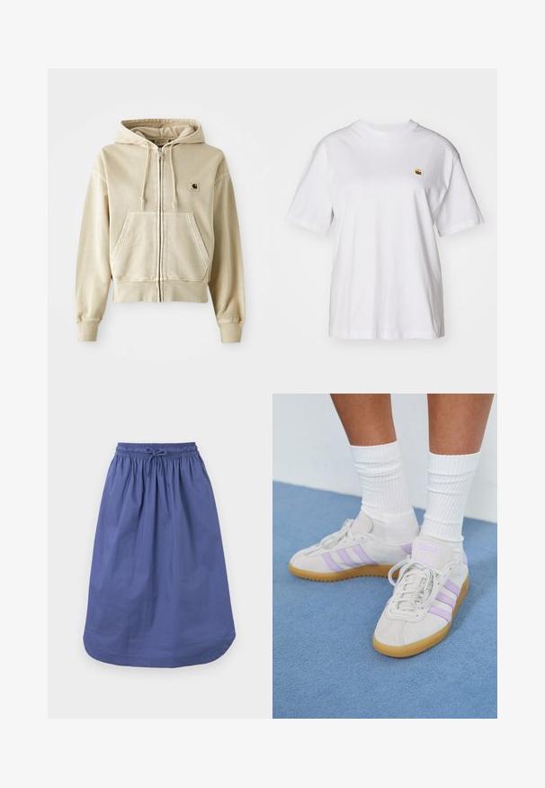Kaki zip-up hoodie, izdelan iz mehkega bombaža, z sprednjim kenguru žepom, kapuco na vrvico in rebrastimi manšetami ter robom. Carhartt logo na prsih.; Bela bombažna majica s sproščenim krojem, kratkimi rokavi in majhnim vezenim logotipom na levi strani prsnega predela.; Modra bombažna krila z elastičnim pasom in vrvico. A-linijska oblika, dolžina do kolen, gladka textura, brez vzorcev ali dodatkov.; Svetlosivi suedi čevlji z gumijastim podplatom, okrašeni s tremi lilasto-vijoličastimi črtami, ravne vezalke in bele rebraste nogavice. Postavljeni na modro ozadje.