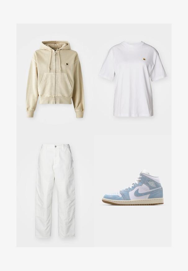 Khaki zip-up hoodie made of soft cotton with a front kangaroo pocket, drawstring hood, and ribbed cuffs and hem. Carhartt logo on chest.; White cotton t-shirt with a relaxed fit, short sleeves, and a small embroidered logo on the left chest area.; White cargo pants made of denim, featuring a relaxed fit, side pockets, and visible stitching details. Plain front with a button closure.; Jordan AIR JORDAN 1 MID SE - High-top trainers - white/worn blue/sail/light brown