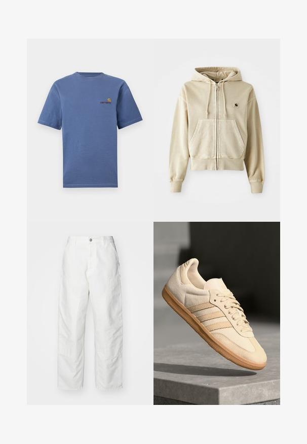 Khaki zipová mikina s kapucňou vyrobená z mäkkej bavlny, so sieťovanou prednou kapsou, šnúrkou na kapucni a rebrovanými manžetami a spodným lemom. Logo Carhartt na hrudi.; Modrá bavlnená tričko s krátkymi rukávmi, na prednej strane s malým červeným a žltým logom. Jednoduchý okrúhly výstrih a rovný lem.; Biele cargo nohavice vyrobené z denimu, s voľným strihom, bočnými vreckami a viditeľnými švami. Jednoduchý predný diel so zapínaním na gombík.; Svetlo béžová semišová teniska s gumovou podrážkou, tromi diagonálnymi pruhmi a textúrovaným špičkovým krytom. Obsahuje logo na jazyku a boku.
