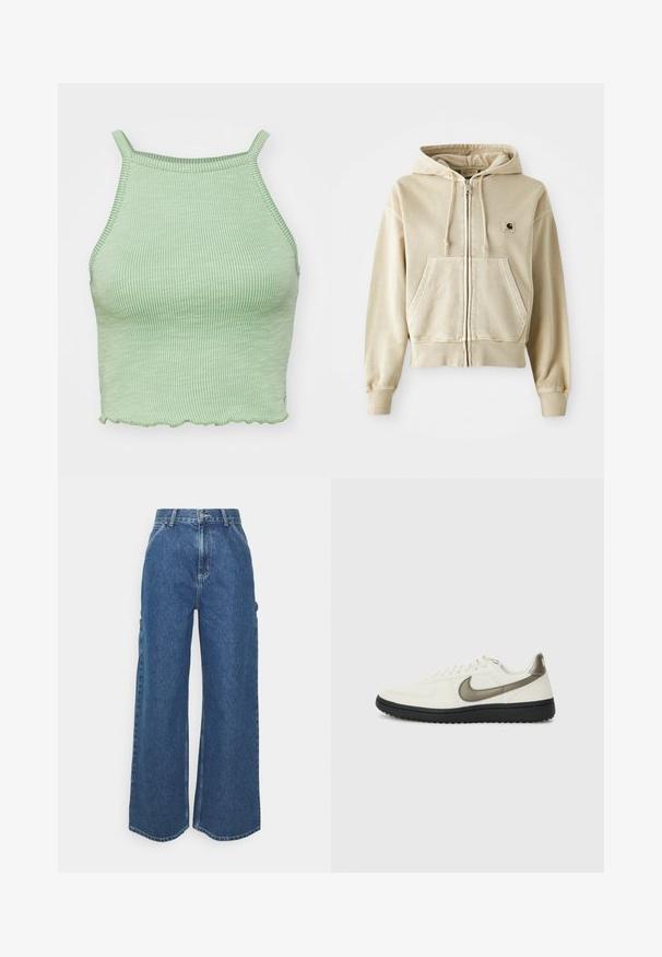 Khakifarbener Zip-Hoodie aus weicher Baumwolle mit einer vorderen Kängurutasche, verstellbarem Kapuzenschnürzug sowie gerippten Bündchen und Saum. Carhartt-Logo auf der Brust.; Grünes geripptes Crop-Top mit dünnen Trägern, das einen welligen Saum und einen strukturierten Stoff aufweist. Keine auffälligen Beschläge oder Muster.; Weite blaue Denim-Hosen mit hoher Taille, kontrastierenden Nähten und Seitentaschen, ausgestattet mit einem klassischen Five-Pocket-Design und rohen Säumen.; Nike Sportswear FIELD GENERAL - Sneaker low - off-white/black