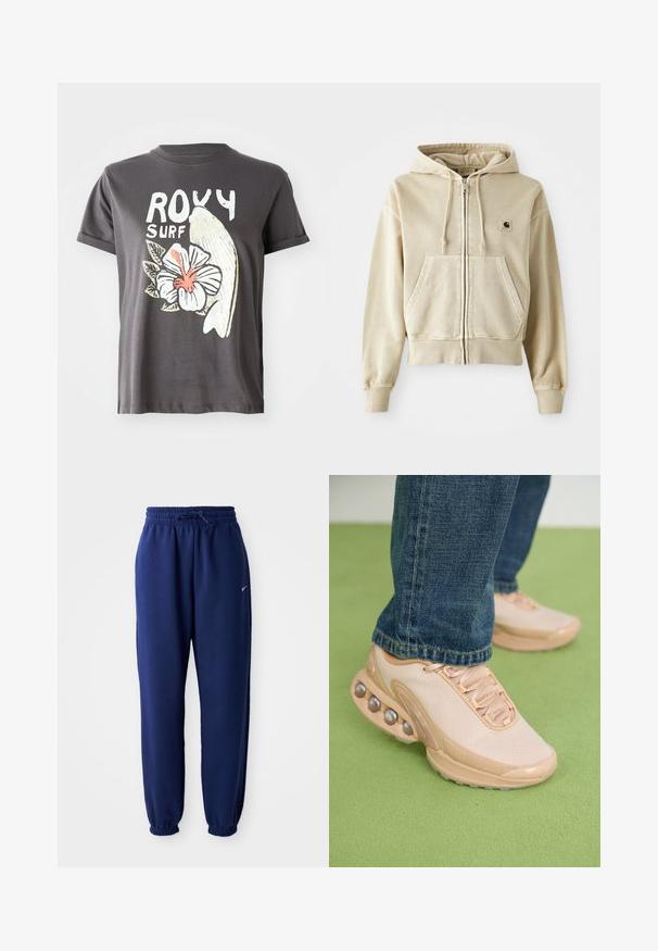 Khaki színű, cipzáros kapucnis pulóver puha pamutból készült, elülső kenguru zsebbel, húzózsinórral ellátott kapucnival és bordás mandzsettákkal és alsó résszel. Carhartt logó a mellkason.; Szürke pamut póló, fehér hal- és hibiszkuszvirág grafikával, piros részletekkel, rövid ujjakkal és kerek nyakkivágással.; Navy kék sportnadrág puha anyagból, elasztikus derékpánttal és zsinórral, elasztikus mandzsettákkal és egy kis fehér logóval.; Világos bézs sportcipők hálós felsőrésszel, gumitalppal és lekerekített díszítésekkel, fémpontokkal. Kék farmernadrággal viselve, zöld felületen.