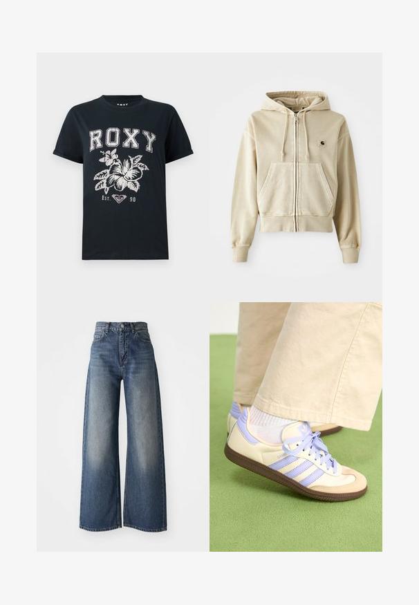 Khakifarbener Zip-Hoodie aus weicher Baumwolle mit einer vorderen Kängurutasche, verstellbarem Kapuzenschnürzug sowie gerippten Bündchen und Saum. Carhartt-Logo auf der Brust.; Schwarzes Baumwoll-T-Shirt mit dem Text "ROXY" in Weiß, ergänzt durch ein florales Design und ein Herzsymbol. Kurzärmlig und mit lockerer Passform.; Blaue hoch taillierte Schlagjeans mit vorderem Knopf und Taschen, verblasste Textur an den Oberschenkeln und geradem Saum.; Cremefarbene und lavendelfarbene Sneakers mit drei Streifen und einer strukturierten braunen Sohle, ausgestattet mit Schnürsenkeln und einer gepolsterten Ferse. Obermaterial aus weichem Stoff.