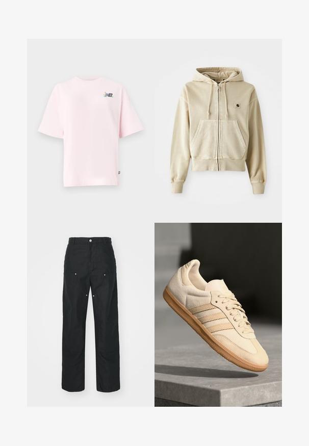 Khaki zipová mikina s kapucňou vyrobená z mäkkej bavlny, so sieťovanou prednou kapsou, šnúrkou na kapucni a rebrovanými manžetami a spodným lemom. Logo Carhartt na hrudi.; Tričko s krátkym rukávom a okrúhlym výstrihom v svetloružovej bavlnenej farbe, so živým logom New Balance na ľavej hrudi. Bežný strih, mäkká textúra.; Čierne nohavice so strihom rovného nohavicu, vyrobené z textúrovanej tkaniny. Obsahujú dekoratívne strieborné kovanie a jedinečné detaily švov.; Svetlo béžová semišová teniska s gumovou podrážkou, tromi diagonálnymi pruhmi a textúrovaným špičkovým krytom. Obsahuje logo na jazyku a boku.