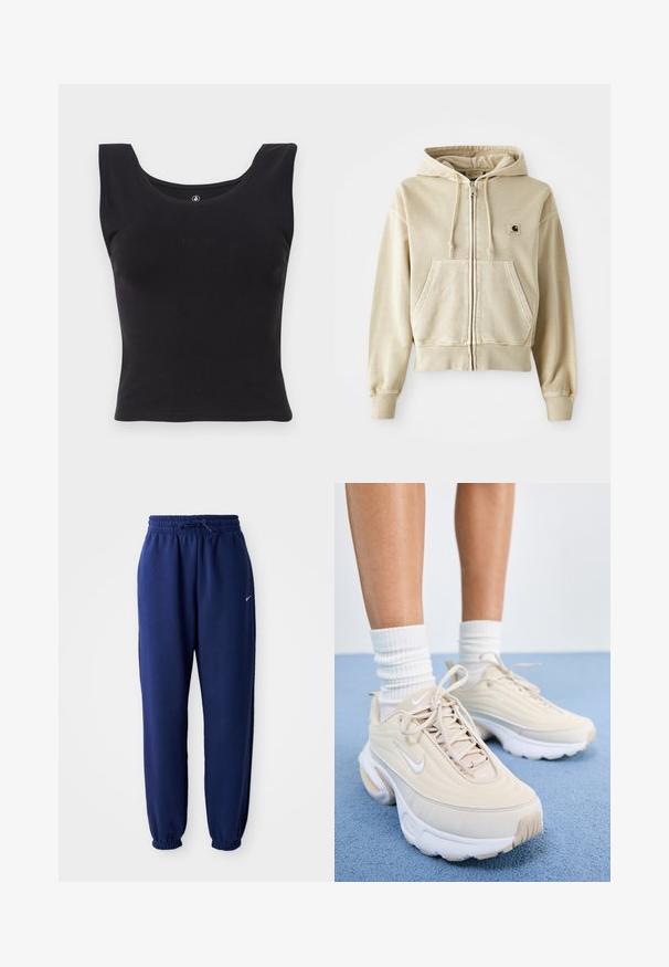 Hanorac cu fermoar de culoare khaki, fabricat din bumbac moale, dotat cu buzunar frontal tip kangaroo, glugă cu șnur și manșete și tiv din tricot. Logo Carhartt pe piept.; Top fără mâneci, de culoare neagră, fabricat din bumbac, cu un decolteu rotund și un design ajustat. Logo-ul subtil, embosat, "Volcom" pe față.; Pantaloni de sport bleumarin, confecționați dintr-un material moale, având o talie elastică cu șnur, manșete elastice și un mic logo alb.; Pantofi sport bej cu un superior texturat, sireturi albe și o talpă groasă albă. Designul înfățișează curbe subtile și un logo mic.