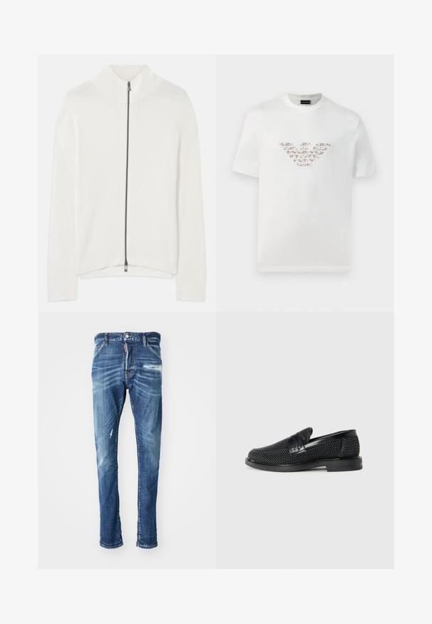 Balta ribuota megztinė su pilnu priekinio užtrauktuko uždarymu ir aukšta apykakle, ilgomis rankovėmis ir tiesia apatine dalimi.; Balta medvilninė marškinė su trumpomis rankovėmis ir apvaliu iškirpimu. Savybėje yra centrinis logotipo dizainas rožių ir rudos spalvos atspalviuose.; Mėlynos džinsinės kelnės su susidėvėjusiu dizainu. Yra blukimo, šviesių šviesinimo ženklų ir mažas įplyšimas kairėje šlaunoje. Tiesios kojų formos.; Juodas pintas slip-on tipo batelis su lygiu odiniu akcentu viršuje, apvalios nosies dizainas ir žemas guminis padas.