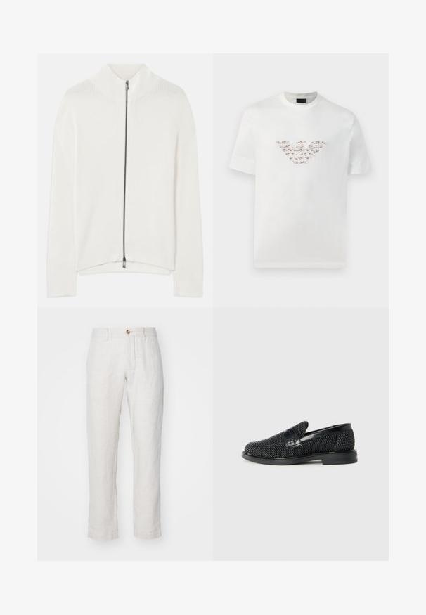 Witte geribbelde gebreide trui met volledige voorkeursrits en hoge staande kraag, lange mouwen en rechte zoom.; Witte katoenen t-shirt met korte mouwen en een ronde hals. Heeft een centraal logo ontwerp in roze en bruine tinten.; NN.07 THEO - Broek - beige; Zwartegeweven instap schoenen met een glad leren accent aan de bovenkant, een ronde neusontwerp en een laag profiel rubberen zool.