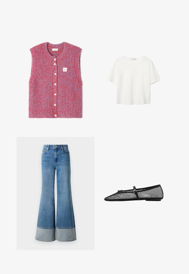Stickad ärmlös kofta i röda och blå nyanser, med rund hals, vita knappar och en liten märkesetikett fram.; Vit t-shirt med kort ärm i bomull. Har en rundad halsringning och en avslappnad passform. Slät textur utan synliga mönster eller detaljer.; Ljusblå utsvängda jeans med hög midja, som har en kontrasterande denimfåll i nederkant, klassisk femfickdesign och metalldragknapp.; Svart nätballerina med spetsig tå, dekorativ rem och subtil accent. Har en öppen nätdesign och platt sula.
