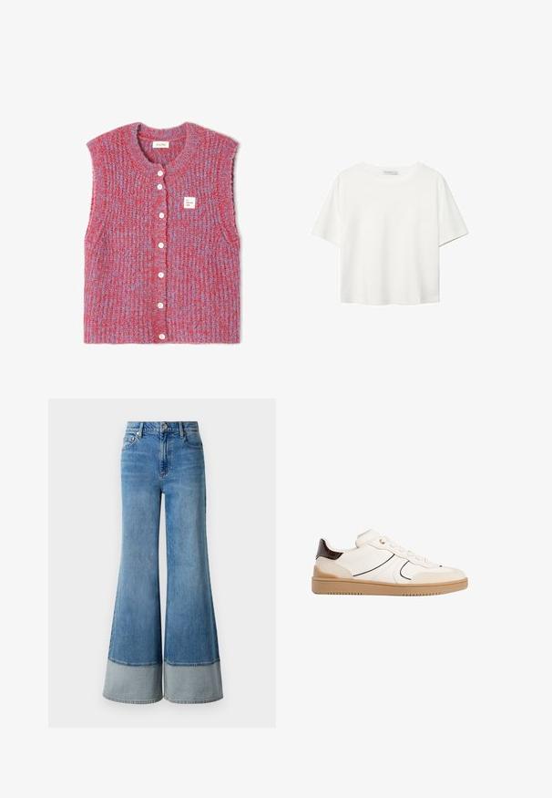 Knit sleeveless cardigan in red and blue hues, featuring a round neck, white buttons, and a small branded label on the front.; White short-sleeve t-shirt made of cotton. Features a crew neckline and a relaxed fit. Smooth texture with no visible patterns or accents.; Light blue flared jeans with a high waist, featuring a contrasting denim cuff at the hem, classic five-pocket design, and metal button closure.; Stradivarius Trainers - white